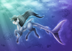 Size: 2400x1700 | Tagged: safe, artist:yazmen10, derpibooru import, oc, oc only, fish, hybrid, original species, shark, shark pony, black mane, bubble, crepuscular rays, dorsal fin, fish tail, flowing mane, flowing tail, golden eyes, ocean, smiling, solo, sunlight, swimming, tail, underwater, water