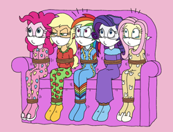 Size: 1768x1351 | Tagged: safe, artist:bugssonicx, derpibooru import, applejack, fluttershy, pinkie pie, rainbow dash, rarity, equestria girls, bondage, bound and gagged, cloth gag, clothes, emanata, footed sleeper, footie pajamas, gag, humane five, nightgown, onesie, otn gag, over the nose gag, pajamas, rope, rope bondage, sitting, sleepover, slumber party, sofa, teary eyes, tied up
