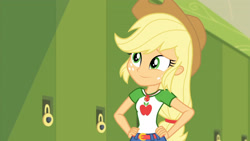 Size: 3410x1920 | Tagged: safe, derpibooru import, screencap, applejack, better together, equestria girls, holidays unwrapped, applejack's hat, belt, clothes, cowboy hat, cute, cutie mark, cutie mark on clothes, denim skirt, female, geode of super strength, hands on hip, hat, high res, jackabetes, jewelry, lockers, magical geodes, necklace, o come all ye squashful, skirt, smiling, solo