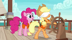 Size: 1920x1076 | Tagged: safe, derpibooru import, screencap, applejack, pinkie pie, earth pony, pony, ppov, season 6, applejack's hat, bipedal, blindfold, clothes, cowboy hat, duo, duo female, female, hat, lifejacket, open mouth, ship, steering wheel, surprised