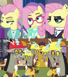 Size: 2732x3072 | Tagged: safe, derpibooru import, edit, edited screencap, screencap, discord, fluttershy, draconequus, pony, discordant harmony, fake it 'til you make it, alternate hairstyle, discord crew, discoshy, expressions, female, fluttergoth, glasses, goth, hard hat, hipstershy, male, safety vest, severeshy, shipping, shipping domino, straight