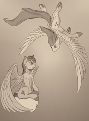 Size: 1280x1737 | Tagged: safe, artist:tenebrisnoctus, derpibooru import, fluttershy, rainbow dash, pegasus, pony, cloud, duo, female, flying, mare, on a cloud, sepia, sitting, sitting on cloud, spread wings, wings