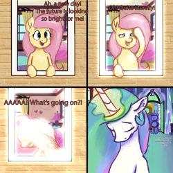Size: 2000x2000 | Tagged: safe, artist:dummyhorse, derpibooru import, fluttershy, princess celestia, princess luna, alicorn, pegasus, pony, atg 2021, blinded by the light, comic, eyes closed, newbie artist training grounds, onomatopoeia, praise the sun, sleepy, sound effects, sunshine, this will end in blindness, this will end in fire, zzz