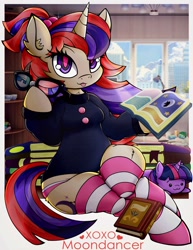 Size: 2695x3500 | Tagged: safe, artist:canvymamamoo, moondancer, twilight sparkle, unicorn twilight, anthro, unicorn, :3, :p, book, bookshelf, breasts, clothes, ear fluff, ears, female, glasses, holding, looking at you, mare, plushie, sitting, smiling, socks, solo, striped socks, sweater, tongue, tongue out, underwear