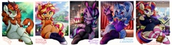Size: 4096x1089 | Tagged: safe, artist:canvymamamoo, autumn blaze, moondancer, starlight glimmer, sunset shimmer, trixie, twilight sparkle, unicorn twilight, anthro, kirin, rabbit, unicorn, :3, :p, alcohol, alternate hairstyle, animal, arm behind back, awwtumn blaze, belly button, book, bookshelf, bottle, bowtie, breasts, bunnified, bunny ears, bunny suit, cherry blossoms, chest fluff, clothes, cloven hooves, cuffs (clothes), cute, cute little fangs, ear fluff, ear piercing, earring, ears, eyeshadow, fangs, female, floppy ears, flower, flower blossom, frog (hoof), glass, glasses, grin, hat, holding, hoof shoes, implied transformation, jewelry, leggings, leotard, looking at you, magic wand, magical quartet, magician outfit, makeup, mare, one eye closed, open mouth, park, piercing, playboy bunny, plushie, ponytail, question mark, serving tray, shorts, sitting, smiling, smiling at you, socks, solo, species swap, sports bra, sports shorts, stockings, striped socks, suit, sun ray, sweater, thigh highs, tongue, tongue out, top hat, tray, tree, underhoof, underwear, wine, wine bottle, wine glass, wink, winking at you