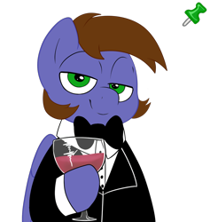 Size: 948x999 | Tagged: safe, artist:2k.bugbytes, artist:xppp1n, oc, oc:peeps, pegasus, pony, acres avatar, alcohol, base used, clothes, glass, lidded eyes, looking at you, male, simple background, smug, solo, stallion, transparent background, tuxedo, wine, wine glass