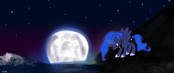 Size: 3516x1480 | Tagged: safe, artist:mark_ml, princess luna, alicorn, pony, background, female, females only, full body, full moon, landscape, magic, moon, mountain, night, night sky, ocean, raising the moon, request, scenery, sky, solo, wallpaper, water, wings