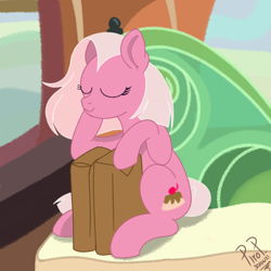 Size: 3072x3072 | Tagged: safe, artist:piropie, earth pony, pony, background pony, bag, detailed background, duffle bag, female, mare, scene interpretation, sitting, sleeping, smiling, train