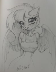 Size: 1488x1886 | Tagged: safe, artist:holivi, derpibooru import, oc, oc only, anthro, pegasus, arm behind back, breasts, cleavage, clothes, cute, dress, female, grayscale, mare, monochrome, pencil drawing, signature, smiling, solo, sundress, traditional art