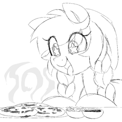 Size: 575x575 | Tagged: safe, artist:roisutangu, derpibooru import, oc, oc:trucha, earth pony, pony, bandana, braid, el salvador, female, food, mare, nation ponies, ponified, pupusa, sketch, steam, tongue, tongue out, wingding eyes