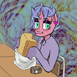 Size: 3000x3000 | Tagged: safe, artist:piropie, oc, oc:jin patches, anthro, pony, unguligrade anthro, unicorn, among us, background, bread, solo, table