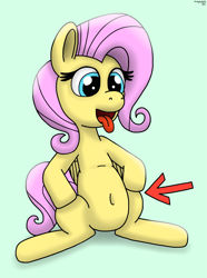 Size: 2355x3159 | Tagged: safe, artist:darkyboode32, derpibooru import, fluttershy, pegasus, pony, arrow, belly, belly button, female, hooves on hips, mare, open mouth, simple background, sitting, solo, tongue, tongue out