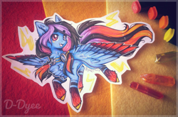 Size: 1783x1176 | Tagged: safe, artist:tenebristayga, derpibooru import, oc, oc only, oc:alpha jet, pegasus, pony, chest fluff, coat markings, colored hooves, colored wings, colored wingtips, felt, female, flying, goggles, looking at you, mare, marker drawing, open mouth, smiling, solo, spread wings, traditional art, wings