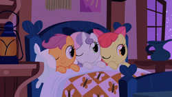 Size: 1280x720 | Tagged: safe, derpibooru import, screencap, apple bloom, scootaloo, sweetie belle, earth pony, pegasus, pony, unicorn, season 1, stare master, adorabloom, apple bloom's bow, bed, blanket, bow, cute, cutealoo, cutie mark crusaders, diasweetes, female, filly, fluttershy's cottage, hair bow, in bed, night, one eye closed, smiling