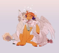 Size: 2977x2673 | Tagged: safe, artist:sannateacupss, derpibooru import, oc, oc only, oc:flannel tea, oc:moth, oc:sunrich maron, earth pony, pegasus, pony, unicorn, ears, eyes closed, female, floppy ears, group hug, hug, mare