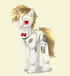 Size: 2800x3000 | Tagged: safe, artist:nihithebrony, derpibooru import, oc, pony, robot, robot pony, unicorn, colored background, colored pupils, emotionless, glowing eyes, looking at you, male, original art, original character do not steal, red eyes, ribbon, simple background, stallion