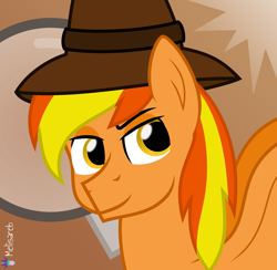 Size: 4098x4000 | Tagged: safe, artist:melisareb, derpibooru import, oc, oc only, oc:firey ratchet, pegasus, pony, .svg available, absurd resolution, detective, dreamworks face, gradient background, hat, magnifying glass, male, solo, stallion, vector, wings