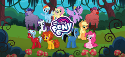 Size: 1666x768 | Tagged: safe, derpibooru import, applejack, fluttershy, pinkie pie, rainbow dash, rarity, twilight sparkle, twilight sparkle (alicorn), oc, alicorn, earth pony, minotaur, pegasus, pony, unicorn, female, forest, gameloft, loading screen, male, mane six, mare, my little pony logo, official, unnamed character, video game