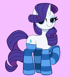 Size: 3552x3968 | Tagged: safe, artist:kittyrosie, derpibooru import, rarity, pony, unicorn, blushing, clothes, cute, female, high res, mare, pink background, raribetes, redraw, simple background, socks, solo, starry eyes, striped socks, wingding eyes