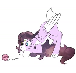 Size: 1046x999 | Tagged: safe, artist:droopihorn, derpibooru import, oc, oc:lullaby, cat, cat pony, hybrid, original species, pegasus, pony, behaving like a cat, cheek fluff, cute, ear fluff, ears, ethereal mane, eyelashes, eyes on the prize, face down ass up, female, floppy ears, galaxy mane, leg fluff, mare, ocbetes, simple background, smiling, solo, two toned wings, white background, wings, yarn, yarn ball
