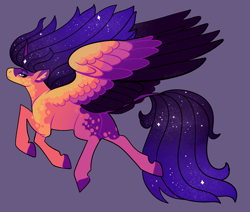 Size: 2600x2200 | Tagged: safe, artist:loryska, derpibooru import, oc, alicorn, pony, colored wings, ethereal mane, female, gray background, mare, multicolored wings, offspring, parent:twilight sparkle, parents:canon x oc, simple background, solo, starry mane, wings