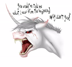 Size: 2255x2105 | Tagged: safe, artist:eperyton, derpibooru import, oc, oc only, pony, unicorn, angry, black sclera, blood, crying, fangs, horn, male, open mouth, simple background, solo, stallion, talking, tears of blood, unicorn oc, white background