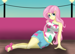 Size: 3664x2638 | Tagged: safe, artist:lennondash, derpibooru import, fluttershy, better together, equestria girls, spring breakdown, breasts, feet, female, geode of fauna, high res, hootershy, looking at you, magical geodes, sandals, solo, toes