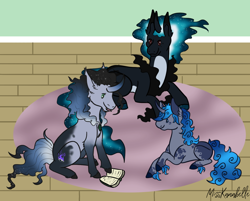 Size: 1266x1016 | Tagged: safe, artist:misskanabelle, derpibooru import, oc, oc only, oc:euphoria, oc:morpheus, oc:sonder nighthawk, pony, unicorn, book, curved horn, ethereal mane, galaxy mane, horn, indoors, interdimensional siblings, lying down, offspring, parent:king sombra, parent:princess luna, parents:lumbra, prone, siblings, signature, unicorn oc