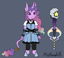 Size: 1376x1250 | Tagged: safe, artist:misskanabelle, derpibooru import, oc, oc only, oc:aurora star, anthro, unguligrade anthro, unicorn, clothes, dress, ear piercing, ethereal mane, female, gray background, hoof shoes, horn, piercing, signature, simple background, smiling, solo, staff, starry mane, unicorn oc