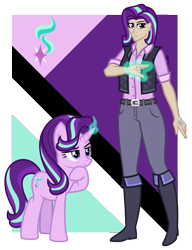 Size: 4000x5200 | Tagged: safe, artist:deroach, derpibooru import, starlight glimmer, human, pony, unicorn, fanfic:equestria project humanized, abstract background, clothes, cutie mark, humanized, magic, show accurate, simple background, transparent background