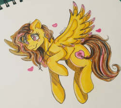 Size: 449x400 | Tagged: safe, artist:kefico, derpibooru import, oc, oc only, pegasus, pony, eyelashes, female, flying, heart, jewelry, mare, necklace, pegasus oc, traditional art, wings