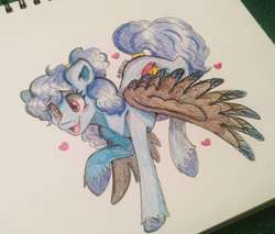 Size: 445x380 | Tagged: safe, artist:kefico, derpibooru import, oc, oc only, pegasus, pony, blushing, female, heart, mare, pegasus oc, raised hoof, raised leg, smiling, traditional art, unshorn fetlocks, wings