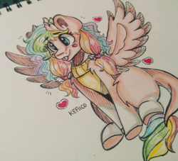 Size: 442x402 | Tagged: safe, artist:kefico, derpibooru import, oc, oc only, pegasus, pony, :p, blushing, collar, female, heart, mare, multicolored hair, pegasus oc, rainbow hair, sitting, spread wings, tongue, tongue out, traditional art, wings