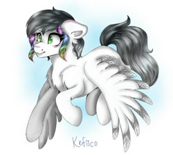 Size: 980x879 | Tagged: safe, artist:kefico, derpibooru import, oc, oc only, pegasus, pony, female, flying, mare, pegasus oc, smiling, solo, traditional art, two toned wings, wings
