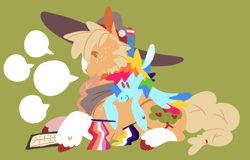 Size: 2532x1617 | Tagged: safe, artist:goatpaste, derpibooru import, applejack, rainbow dash, earth pony, pegasus, pony, appledash, book, clothes, colored wings, dot eyes, female, freckles, green background, hat, heart, lesbian, lesbian pride flag, lineless, looking down, lying down, mare, multicolored wings, nonbinary, nonbinary pride flag, pin, pride, pride flag, prone, rainbow wings, scarf, shipping, shoulder freckles, simple background, size difference, smiling, speech bubble, trans female, transgender, transgender pride flag, unshorn fetlocks, wings