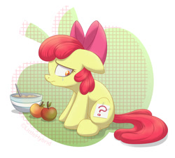 Size: 1200x1080 | Tagged: safe, artist:littlehybridshila, derpibooru import, apple bloom, call of the cutie, apple, bowl, crying, fake cutie mark, female, filly, food, question mark, solo