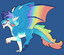 Size: 2600x2200 | Tagged: safe, artist:loryska, derpibooru import, oc, dracony, dragon, hybrid, blue background, colored wings, hybrid wings, interspecies offspring, magical lesbian spawn, male, multicolored wings, offspring, parent:princess ember, parent:rainbow dash, parents:emberdash, rainbow wings, simple background, solo, wings