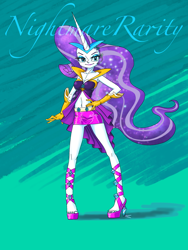 Size: 1668x2224 | Tagged: safe, alternate version, artist:xjleiu, derpibooru import, nightmare rarity, rarity, equestria girls, breasts, cleavage, clothes, cosplay, costume, high heels, midriff, nail polish, sandals, shoes, skirt, solo, toenail polish