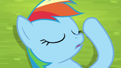 Size: 1280x720 | Tagged: safe, derpibooru import, screencap, rainbow dash, pegasus, pony, season 4, trade ya, close-up, eyes closed, female, lying down, mare, open mouth, sleeping, solo