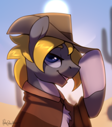 Size: 2000x2272 | Tagged: safe, artist:jedayskayvoker, derpibooru import, oc, oc:mountain jam, bust, clothes, cowboy hat, hat, icon, looking at you, male, poncho, portrait, raised hoof, raised leg, sketch, stallion, sun