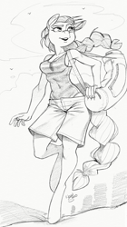 Size: 718x1280 | Tagged: safe, artist:kevinsano, derpibooru import, oc, oc only, anthro, earth pony, unguligrade anthro, anthro oc, bag, beach, breasts, clothes, cloud, commission, digital art, earth pony oc, female, monochrome, open mouth, saddle bag, sand, shirt, shorts, sketch, sky, solo, tail, thighs, walking
