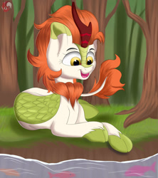 Size: 1280x1440 | Tagged: safe, artist:joaothejohn, derpibooru import, autumn blaze, kirin, forest, lying down, solo