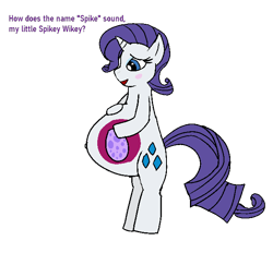 Size: 628x610 | Tagged: artist needed, safe, derpibooru import, rarity, spike, pony, unicorn, alternate universe, belly, belly button, bipedal, blushing, egg, female, hooves on belly, internal, mare, open mouth, pregnant, simple background, solo, spike's mother, transparent background