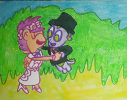 Size: 1280x1010 | Tagged: safe, artist:dex stewart, derpibooru import, scootaloo, spike, anthro, dragon, pegasus, pony, a canterlot wedding, clothes, dancing, female, floral head wreath, flower, flower filly, flower girl, flower girl dress, hat, male, marriage, scootaspike, shipping, straight, tuxedo, wedding