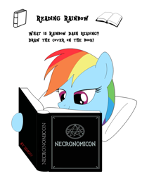 Size: 545x676 | Tagged: artist needed, safe, derpibooru import, rainbow dash, book, necronomicon, pentagram, pillow, reading, solo