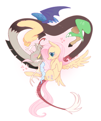 Size: 677x810 | Tagged: safe, artist:vergolophus, derpibooru import, discord, fluttershy, draconequus, pegasus, pony, bedroom eyes, blushing, cute, discoshy, female, flying, heart, male, mare, shipping, simple background, spread wings, straight, tongue, tongue out, white background, wings