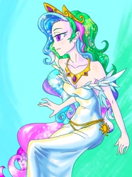 Size: 754x1016 | Tagged: safe, artist:xjleiu, derpibooru import, princess celestia, equestria girls, breasts, cleavage, clothes, crown, dress, jewelry, peytral, regalia, solo