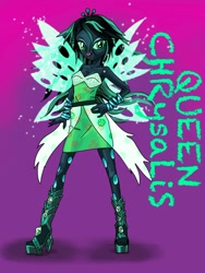 Size: 748x995 | Tagged: safe, artist:xjleiu, derpibooru import, queen chrysalis, changeling, changeling queen, equestria girls, bracelet, clothes, dress, fangs, female, high heels, jewelry, lipstick, open-toed shoes, shoes, solo