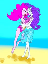 Size: 750x998 | Tagged: safe, artist:xjleiu, derpibooru import, pinkie pie, rarity, better together, equestria girls, forgotten friendship, barefoot, beach, bikini, clothes, docking, feet, hairpin, sarong, sleeveless, swimsuit