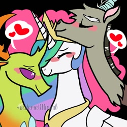 Size: 1000x1000 | Tagged: safe, artist:valerie0fficial, derpibooru import, discord, princess celestia, thorax, alicorn, changedling, changeling, draconequus, pony, blushing, dislestia, female, heart, king thorax, male, mare, polyamory, shipping, straight, thoralestia